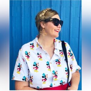 Disney Women’s Cropped Button Down Shirt with Minnie Mouse Print